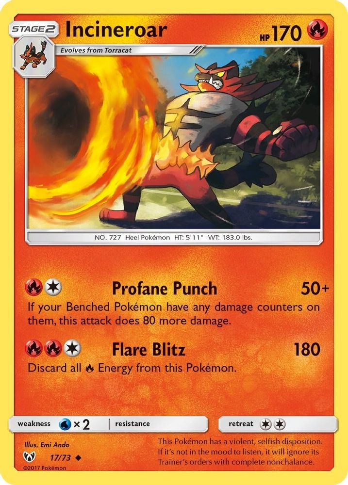 Incineroar 017 - Reverse Holofoil Shining Legends - Uncommon