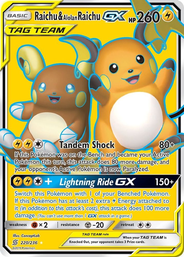 Raichu & Alolan Raichu GX (Full Art) - Holofoil SM Unified Minds - Ultra Rare