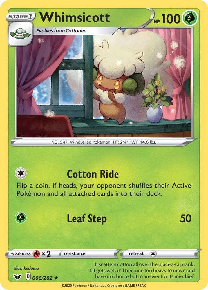 Whimsicott 006 - Reverse Holofoil SWSH01 Sword & Shield Base Set - Rare