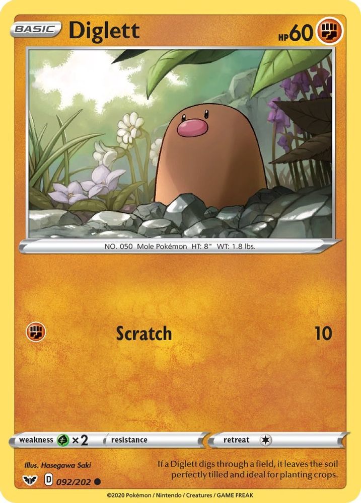 Diglett 092 - Reverse Holofoil SWSH01 Sword & Shield Base Set - Common