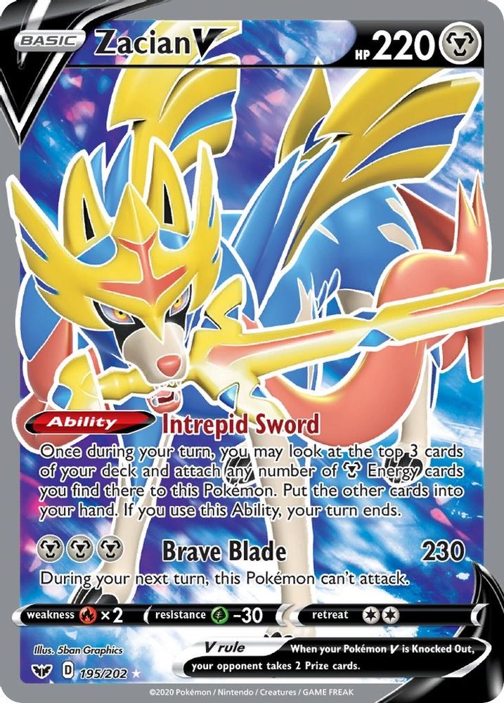 Zacian V (Full Art) 195 - Holofoil SWSH01 Sword & Shield Base Set - Ultra Rare