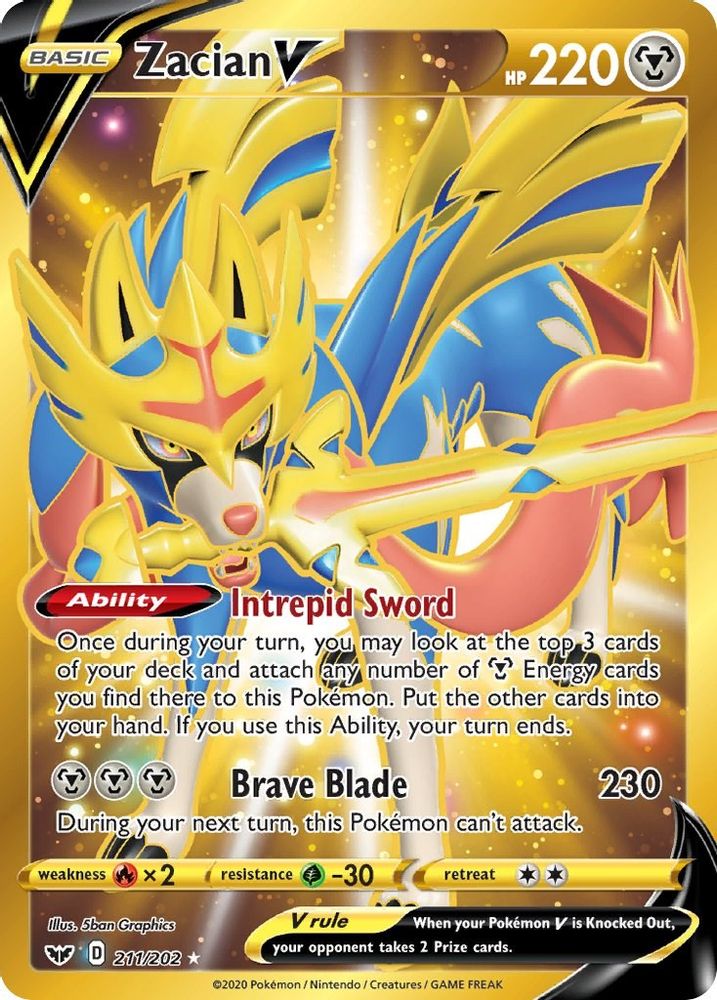 Zacian V (Secret) 211 - Holofoil SWSH01 Sword & Shield Base Set - Secret Rare