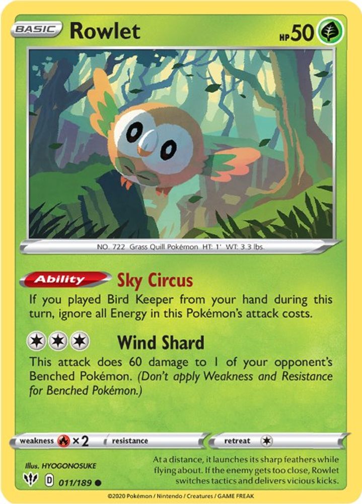 Rowlet 011 - Reverse Holofoil SWSH03 Darkness Ablaze - Common