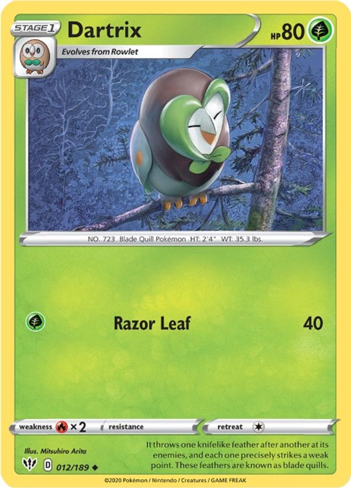 Dartrix 012 - Reverse Holofoil SWSH03 Darkness Ablaze - Uncommon