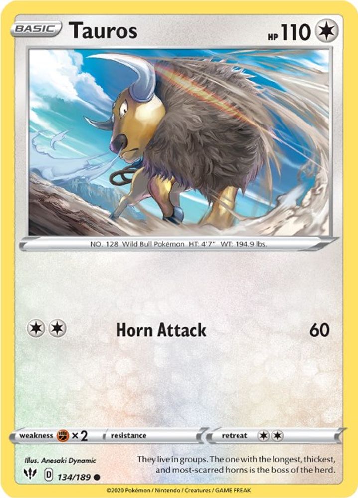 Tauros 134 - Reverse Holofoil SWSH03 Darkness Ablaze - Common