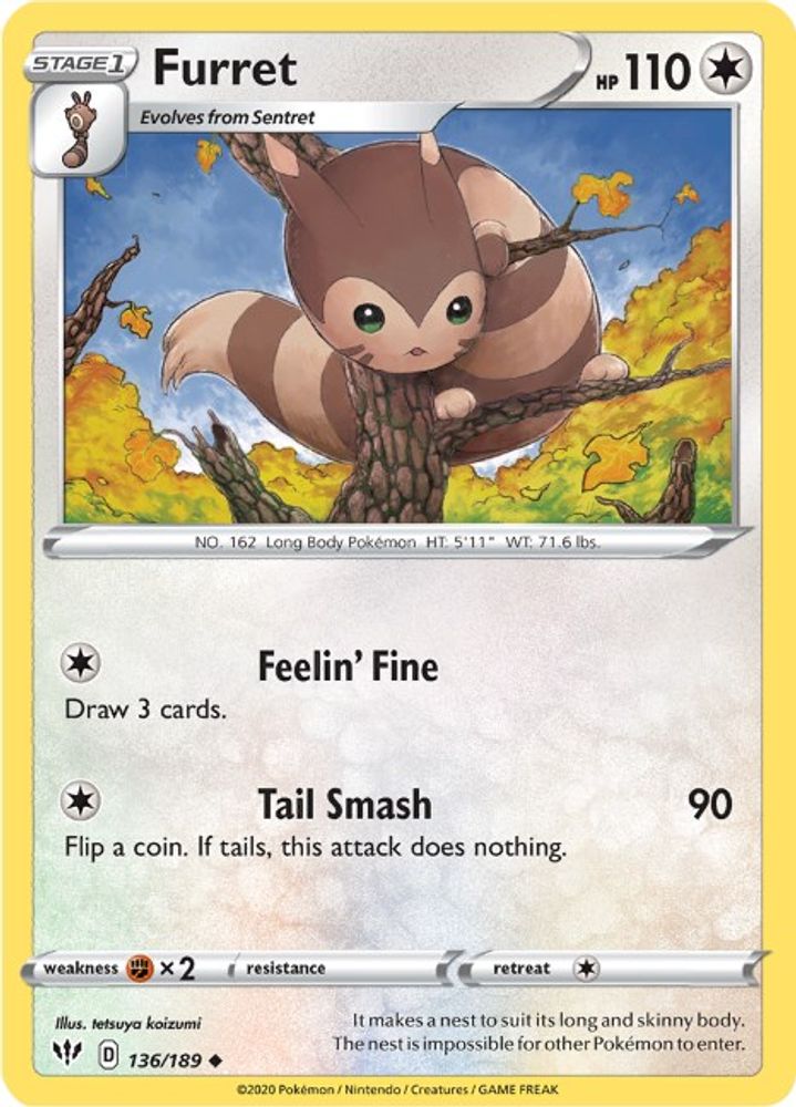 Furret 136 - Reverse Holofoil SWSH03 Darkness Ablaze - Uncommon
