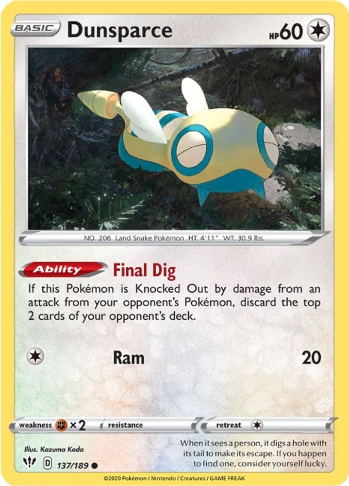 Dunsparce 137 - Reverse Holofoil SWSH03 Darkness Ablaze - Common