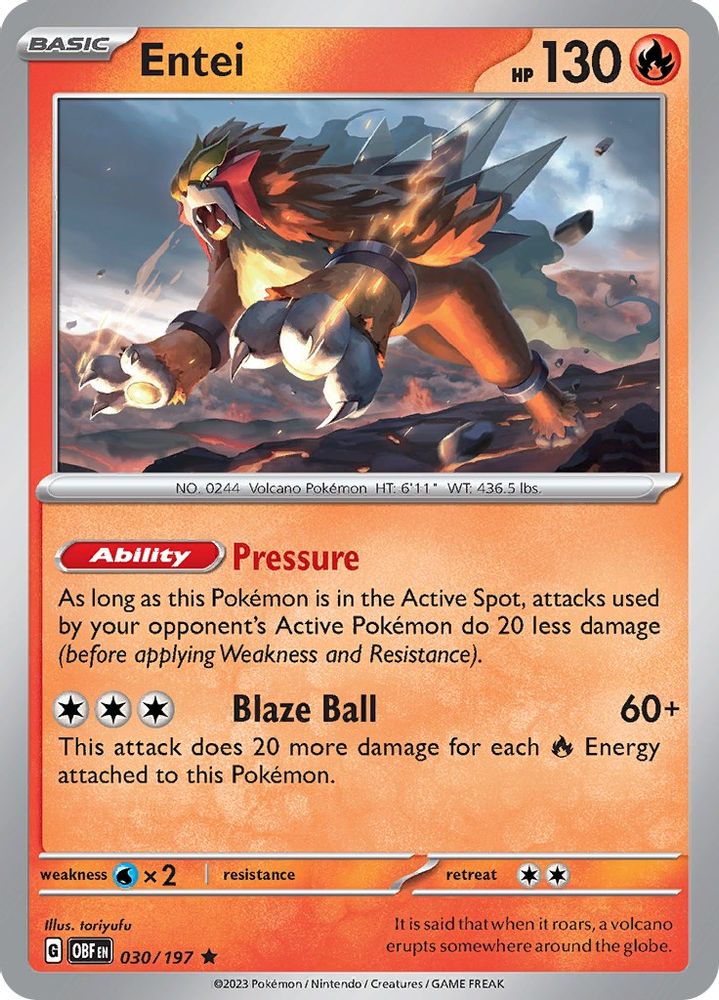Entei 030 - Reverse Holofoil SV03 Obsidian Flames - Rare