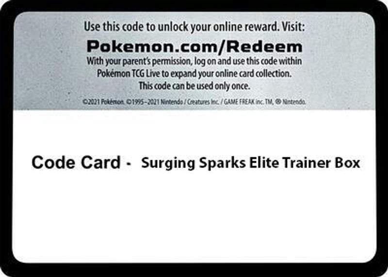 Code Card - Surging Spark Elite Trainer Box SV08 Surging Sparks - Code Card