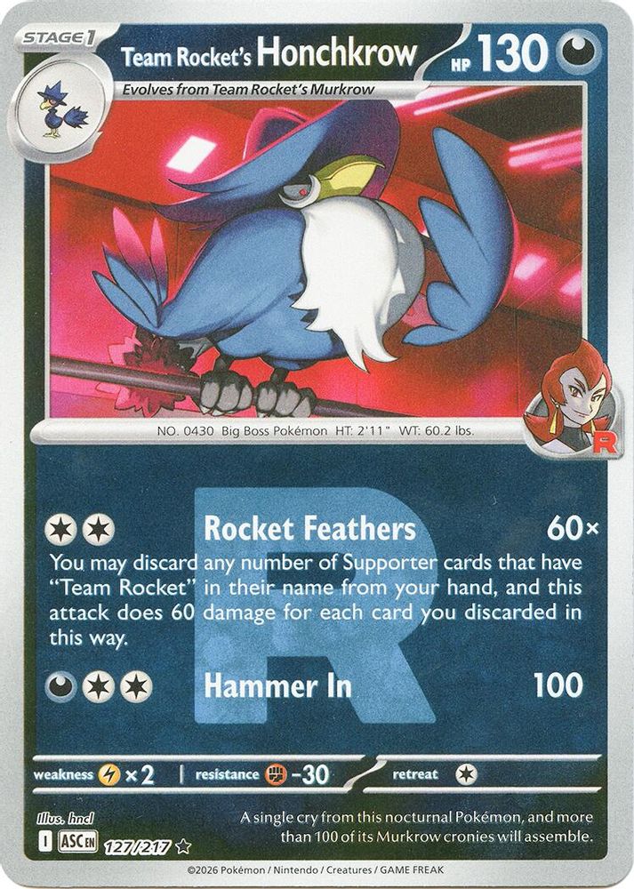 Team Rocket's Honchkrow (Team Rocket) 127 - Reverse Holofoil ME Ascended Heroes - Rare