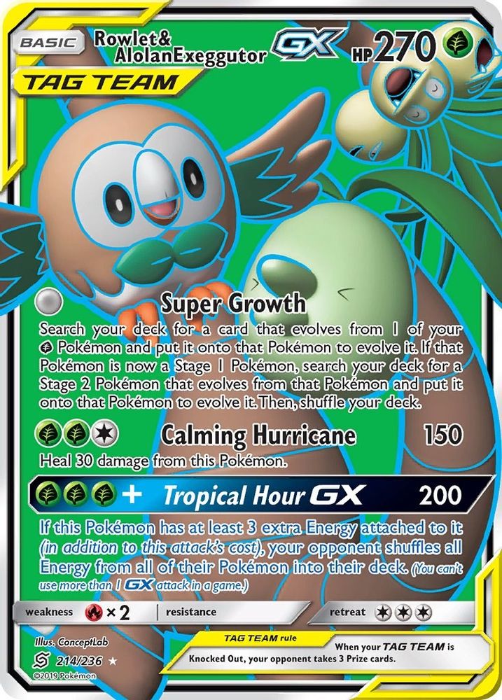 Rowlet & Alolan Exeggutor GX (Full Art)  - Holofoil SM  Unified Minds - Ultra Rare