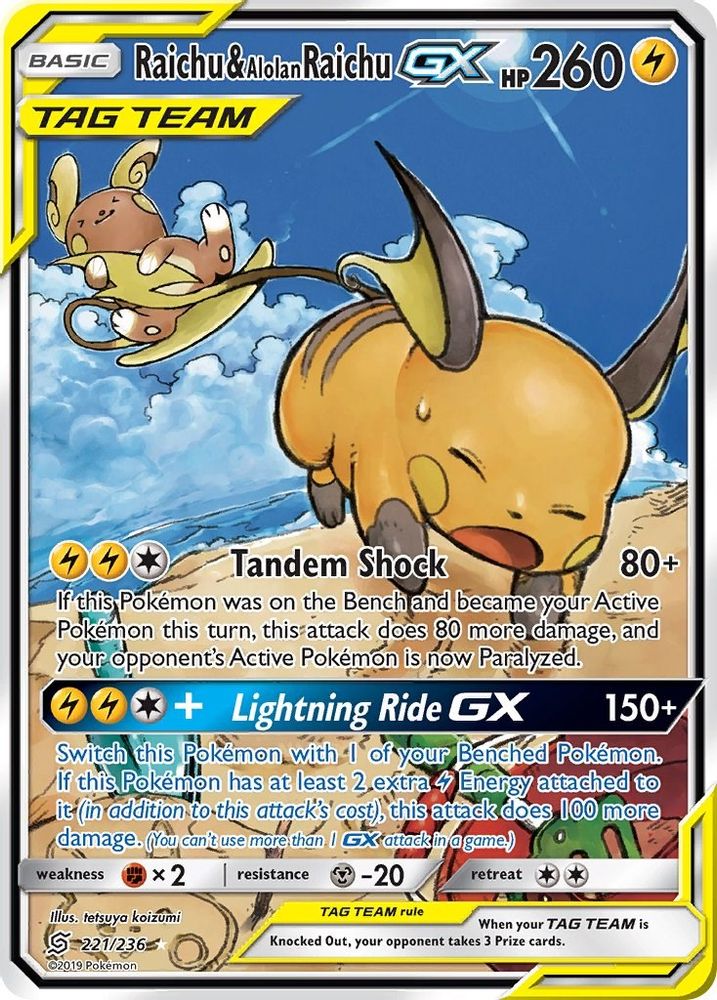 Raichu & Alolan Raichu GX (Alternate Full Art)  - Holofoil SM  Unified Minds - Ultra Rare