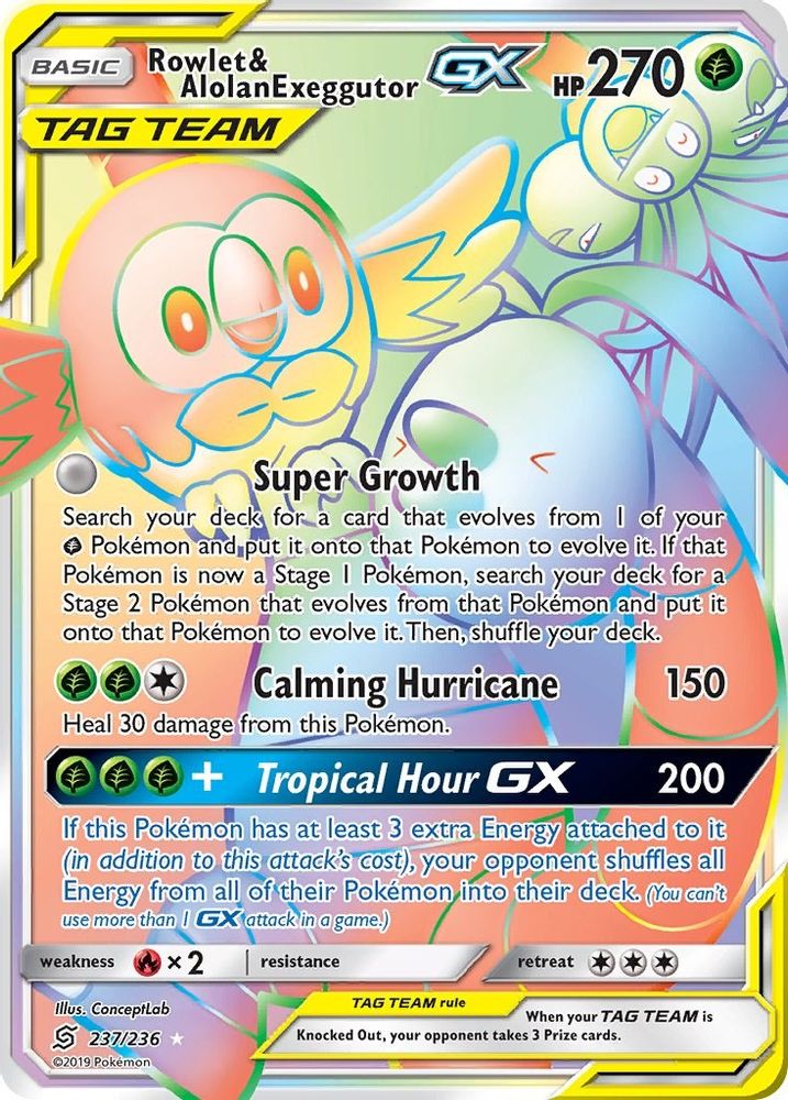 Rowlet & Alolan Exeggutor GX (Secret)  - Holofoil SM  Unified Minds - Secret Rare