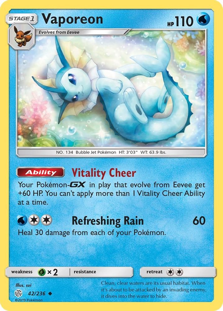 Vaporeon 042  - Reverse Holofoil SM  Cosmic Eclipse - Uncommon