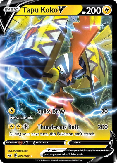 Tapu Koko V 072  - Holofoil SWSH01 Sword & Shield Base Set - Ultra Rare