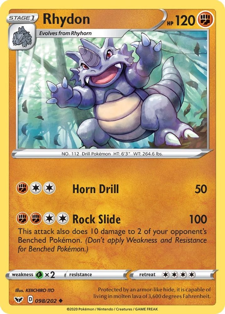 Rhydon 098  - Reverse Holofoil SWSH01 Sword & Shield Base Set - Uncommon