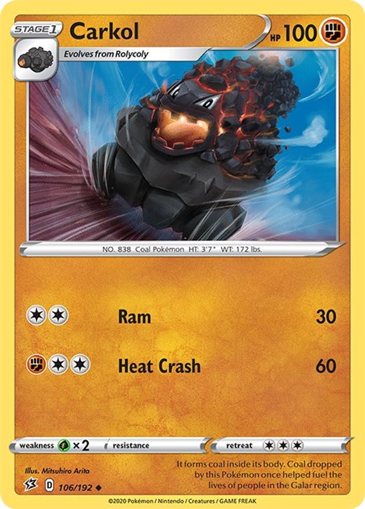 Carkol 106/192  - Reverse Holofoil SWSH02 Rebel Clash - Uncommon