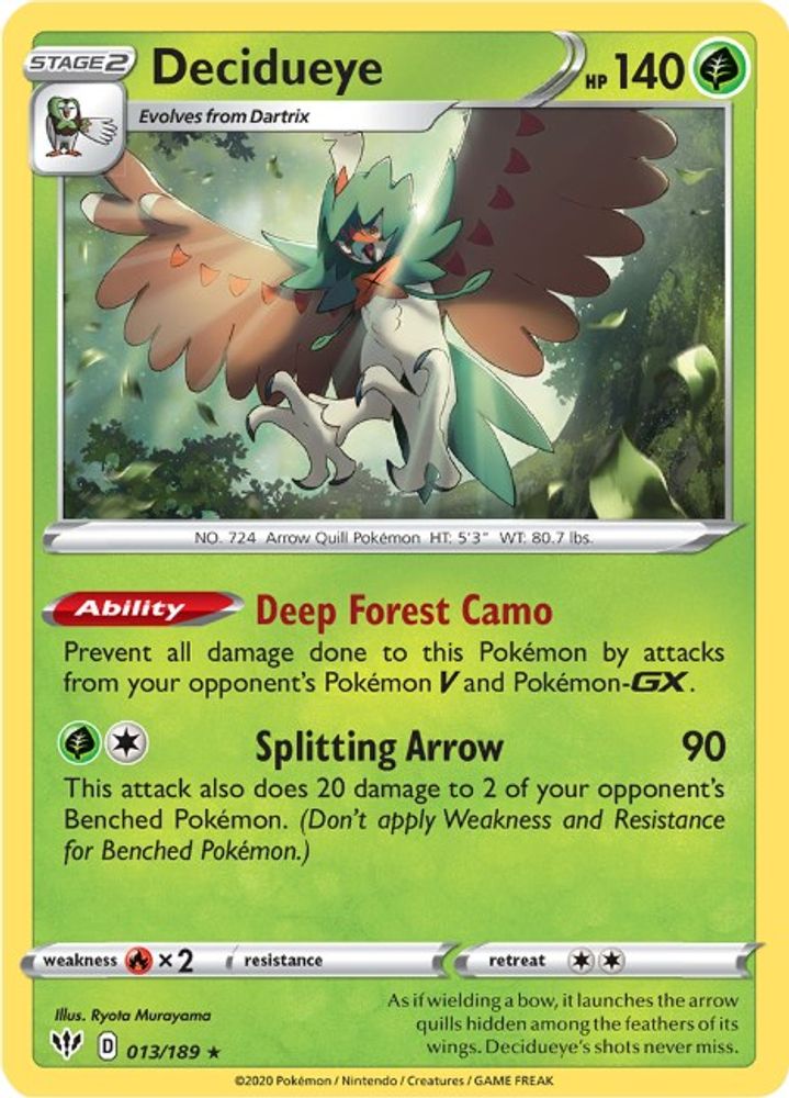 Decidueye 013  - Holofoil SWSH03 Darkness Ablaze - Holo Rare