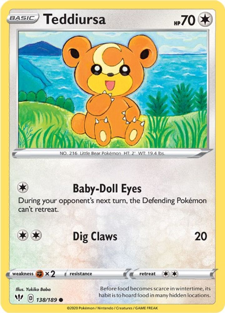 Teddiursa 138  - Reverse Holofoil SWSH03 Darkness Ablaze - Common