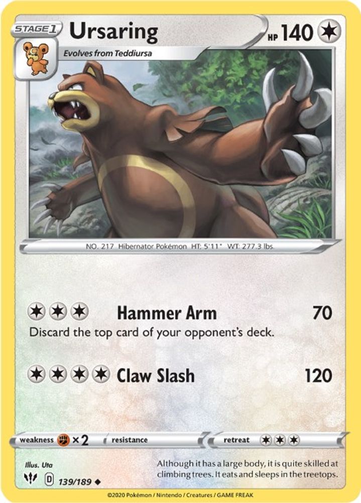 Ursaring 139  - Reverse Holofoil SWSH03 Darkness Ablaze - Uncommon