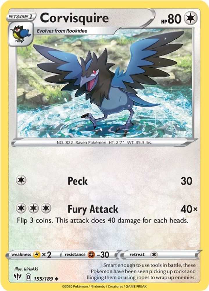Corvisquire 155  - Reverse Holofoil SWSH03 Darkness Ablaze - Uncommon