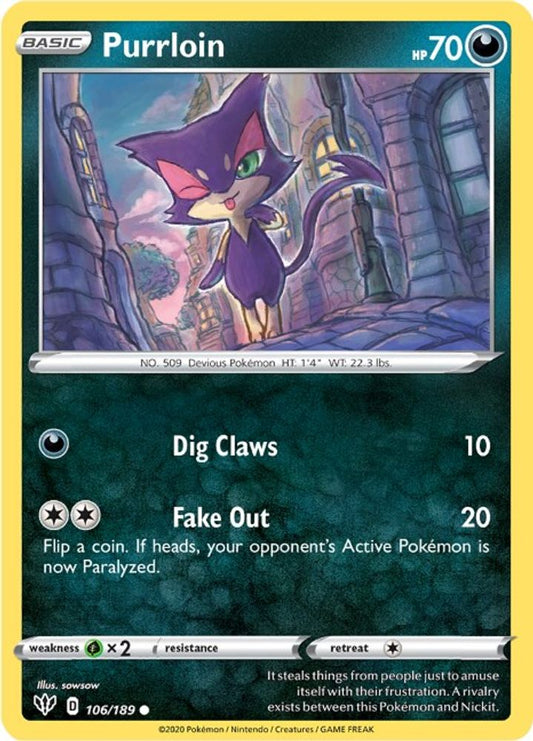 Purrloin 106  - Reverse Holofoil SWSH03 Darkness Ablaze - Common