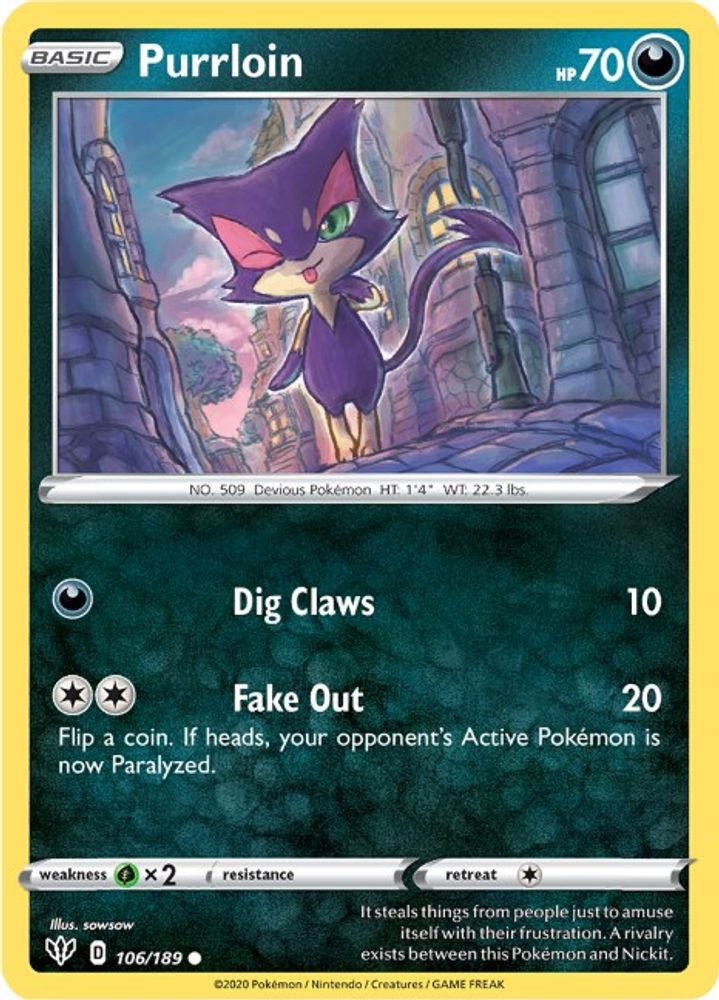 Purrloin 106  - Reverse Holofoil SWSH03 Darkness Ablaze - Common