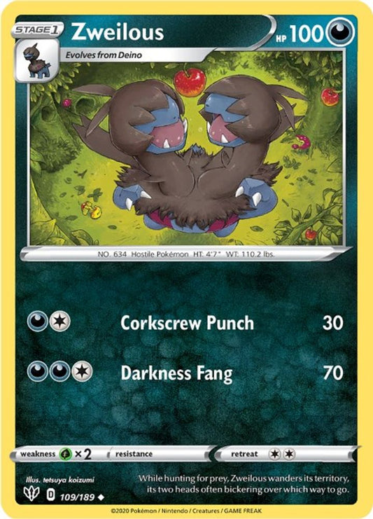 Zweilous 109  - Reverse Holofoil SWSH03 Darkness Ablaze - Uncommon