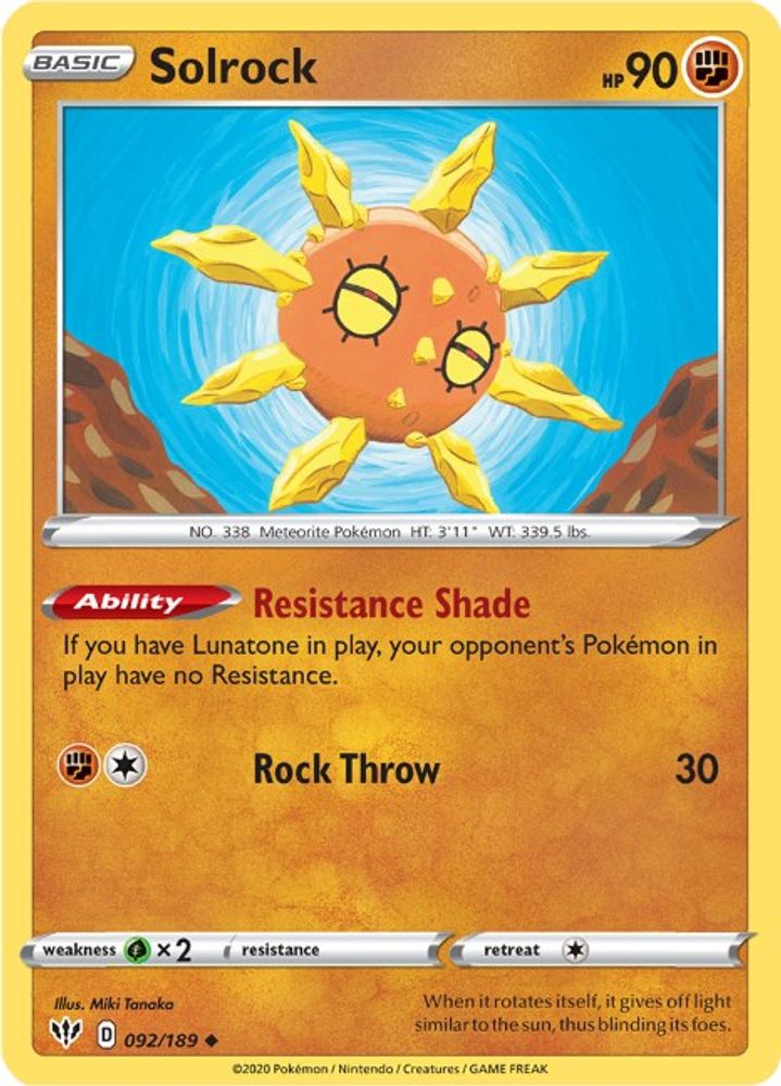 Solrock 092  - Reverse Holofoil SWSH03 Darkness Ablaze - Uncommon