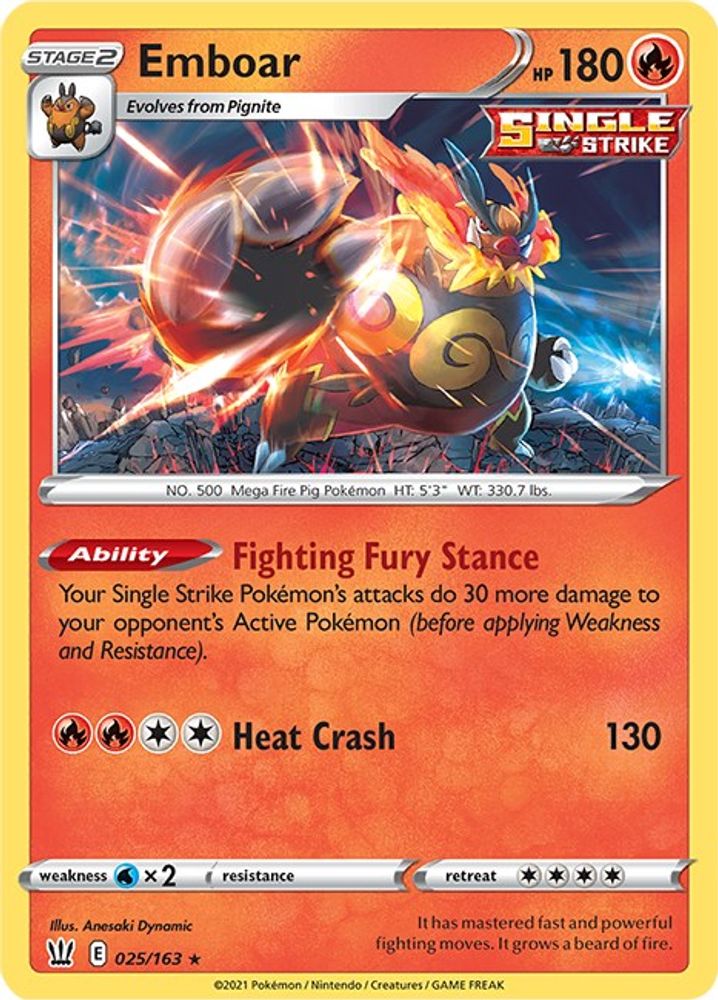 Emboar 025  - Reverse Holofoil SWSH05 Battle Styles - Holo Rare