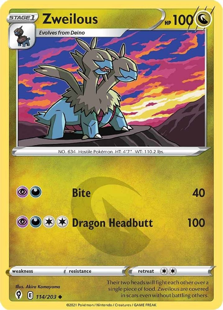 Zweilous 114  - Reverse Holofoil SWSH07 Evolving Skies - Uncommon