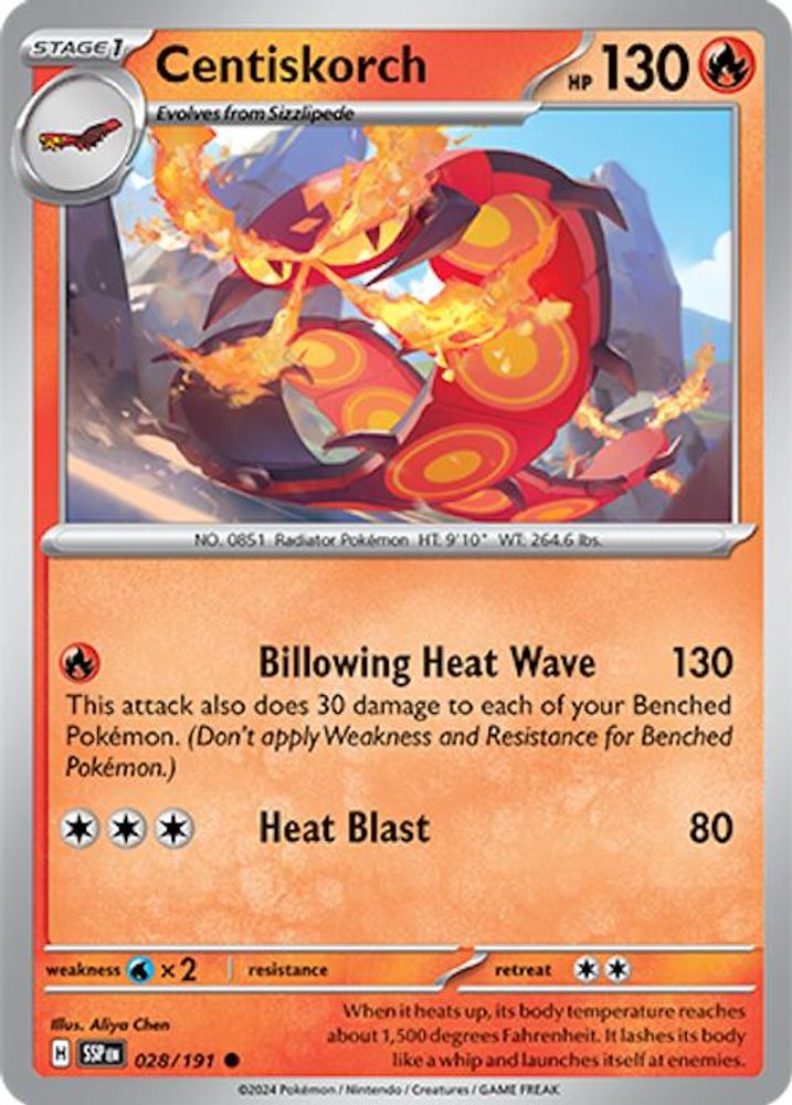 Centiskorch 028  - Reverse Holofoil SV08 Surging Sparks - Common